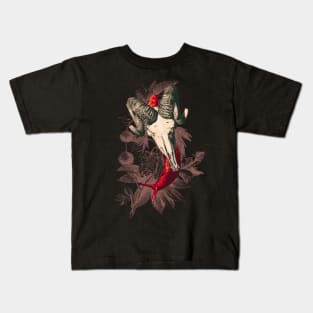 Enigmatic Escargots: Spooky Art Print Featuring Red Snail Donning Ram Skull Shell Kids T-Shirt